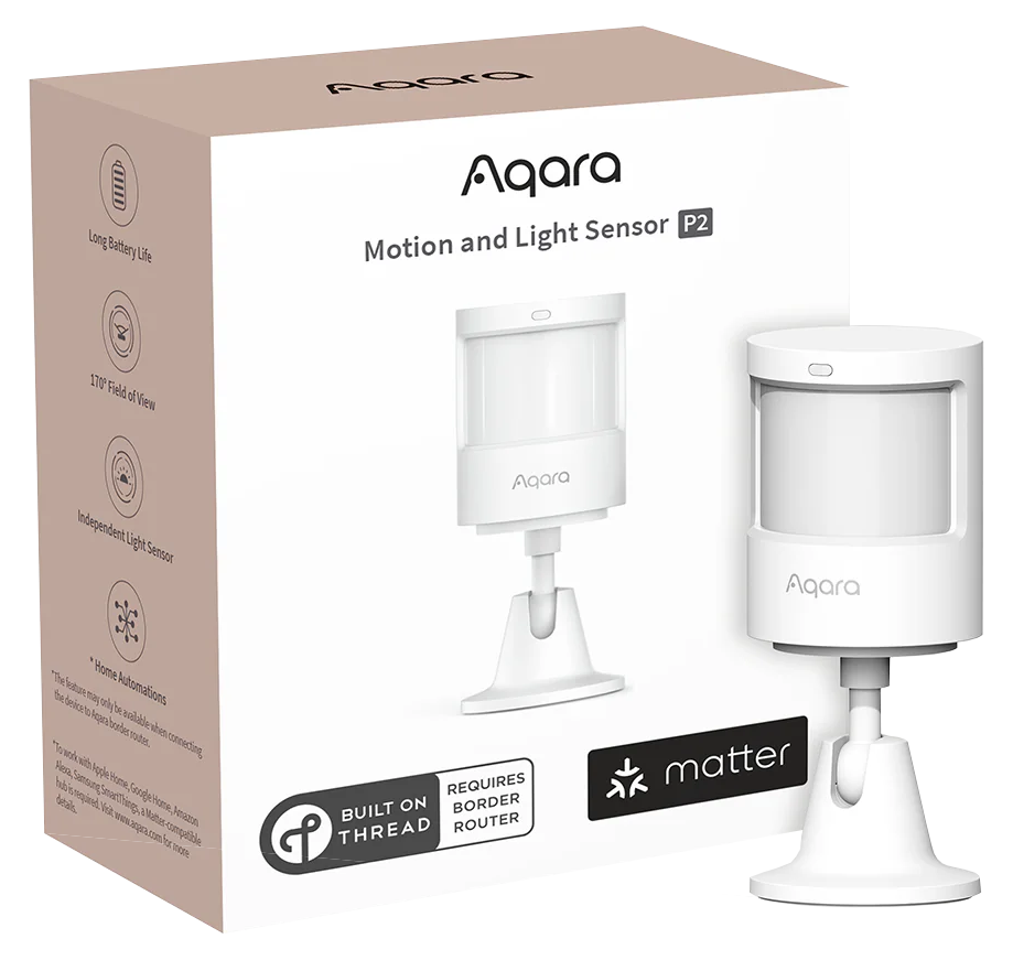 Aqara motion and light sensor packaging with product illustration on a Transparent background