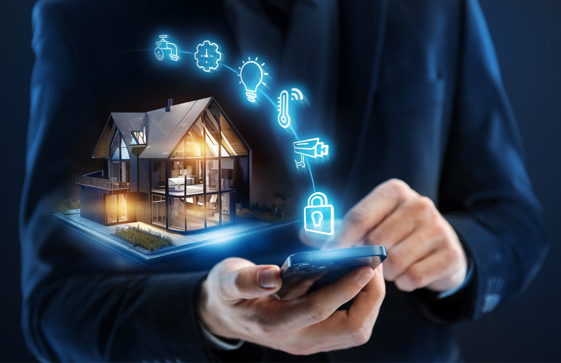 Person holding a smartphone with a digital representation of a house and smart home icons on a dark background