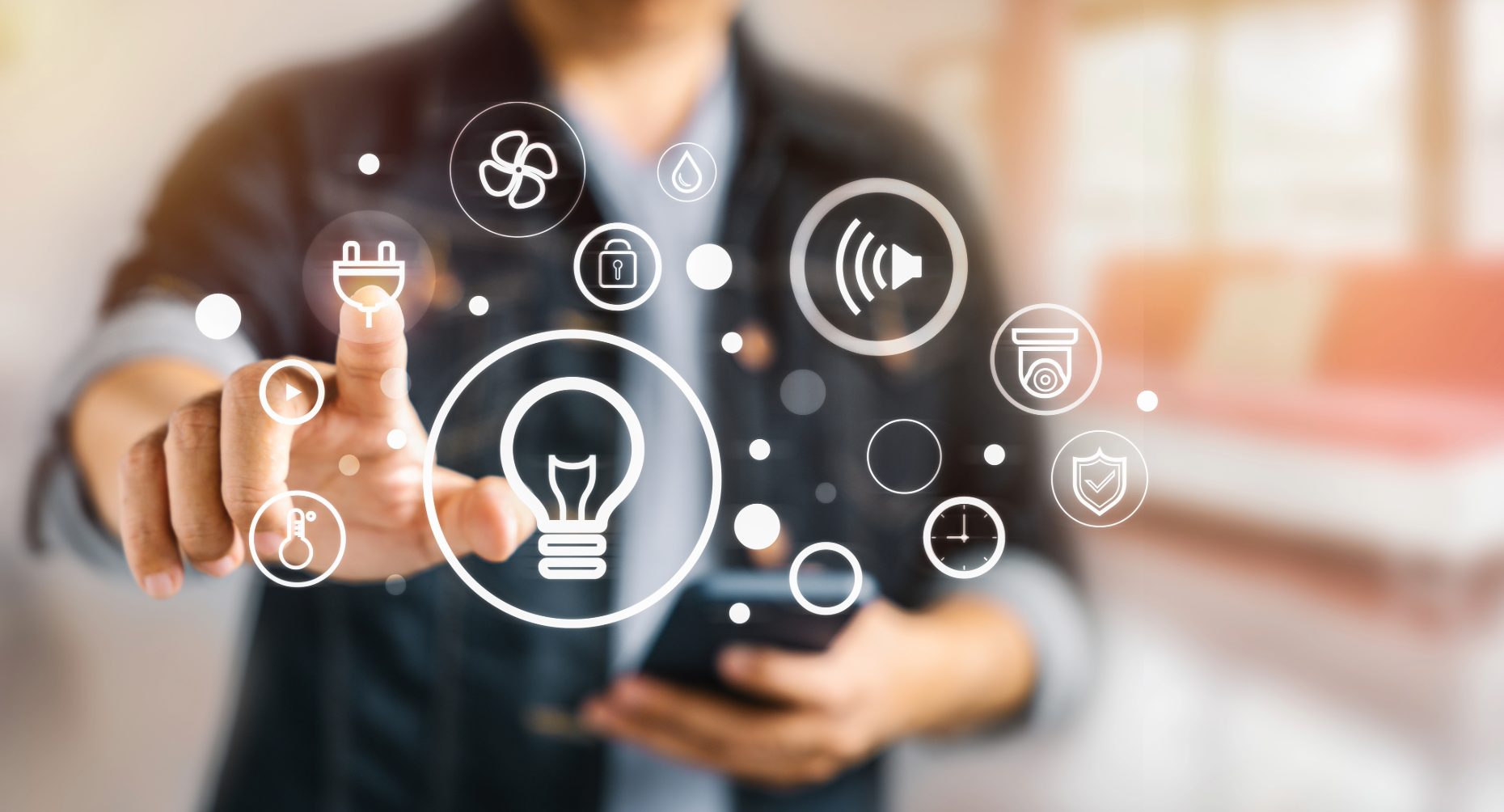 Person interacting with digital icons on a blurred background