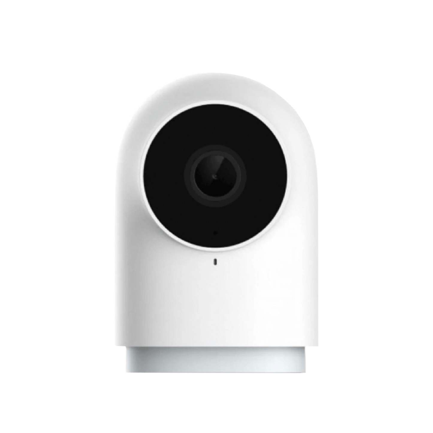 White security camera with black lens on a white background