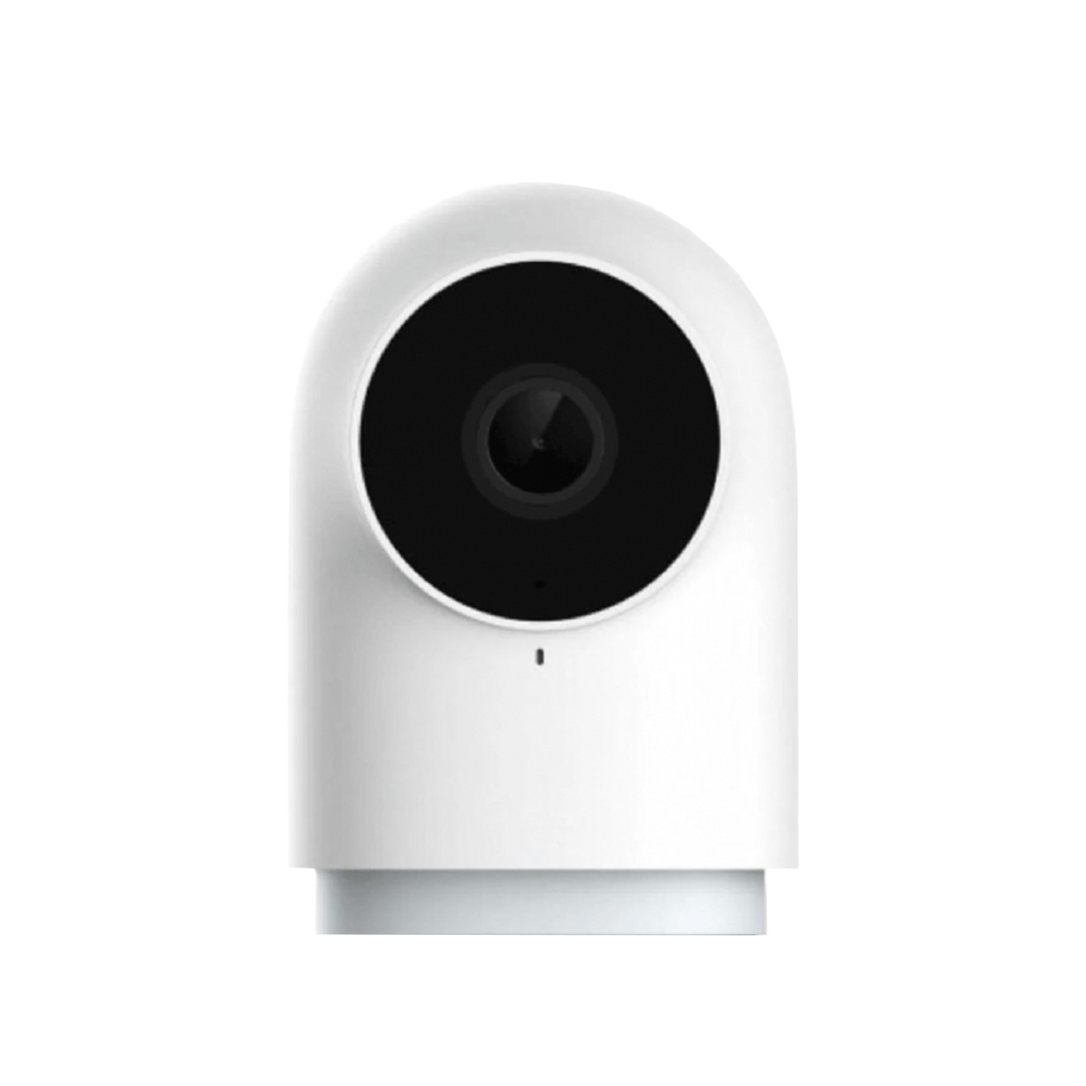 White security camera with black lens on a white background