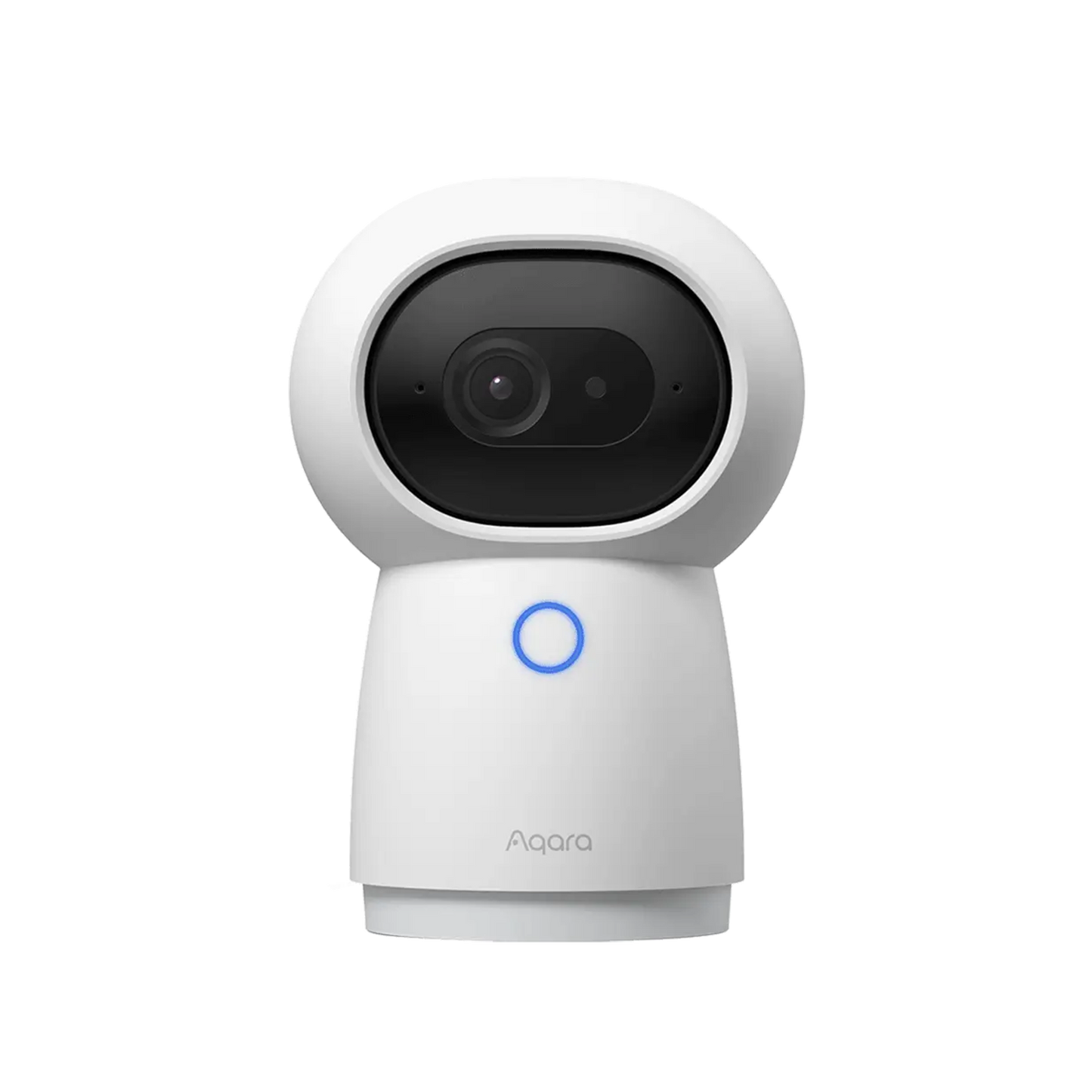 White smart camera with a blue light on a white background