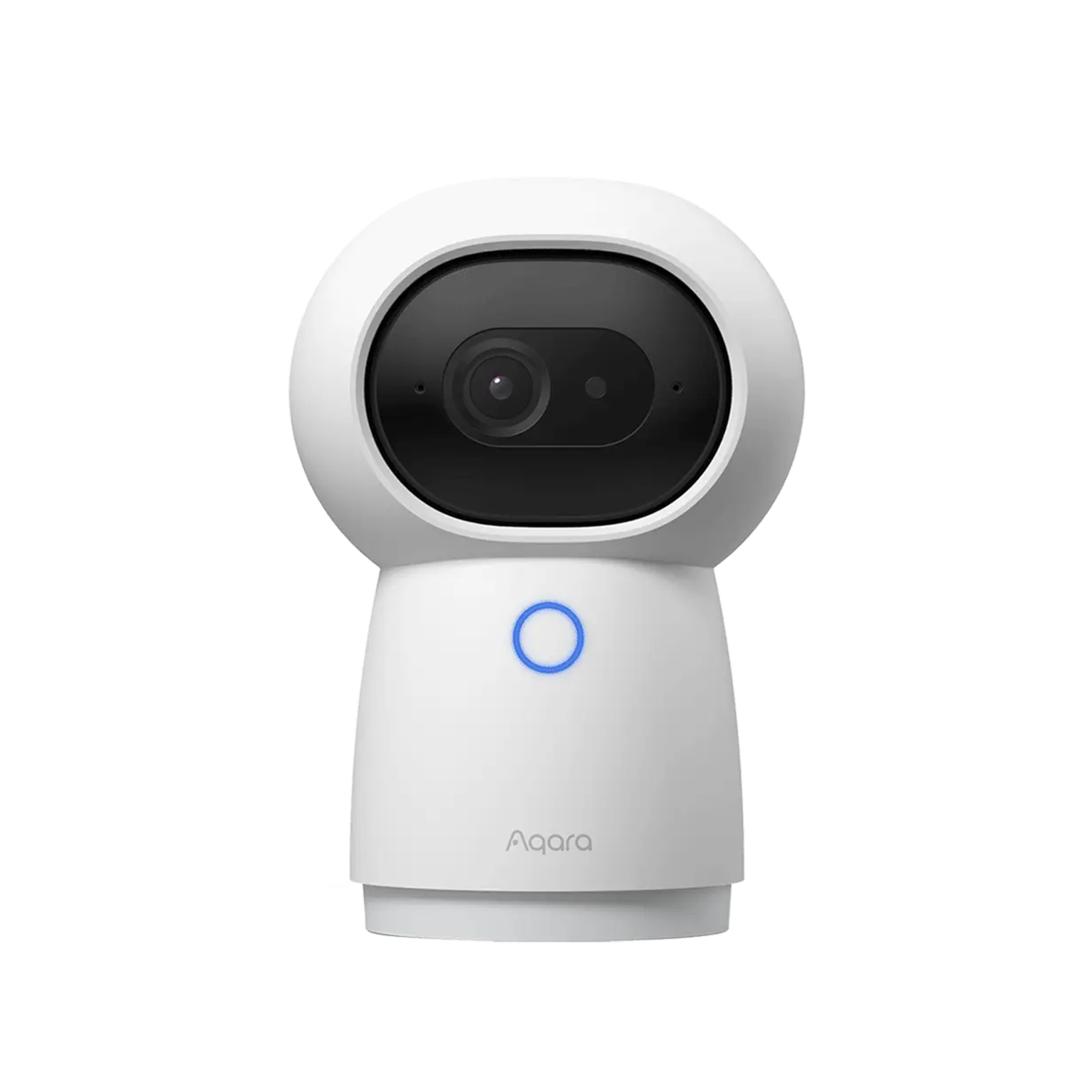 White smart camera with a blue light on a white background