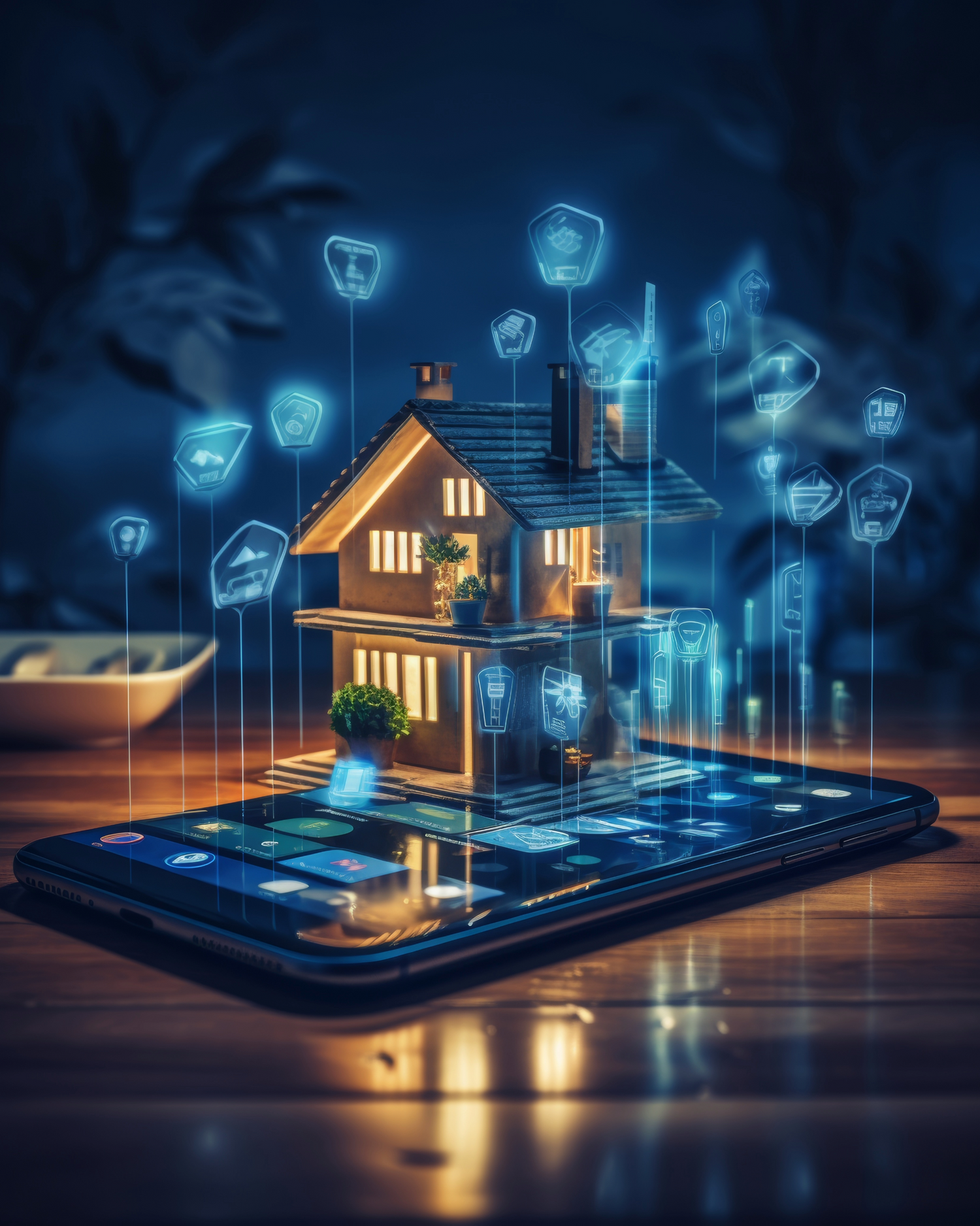Smart home concept with a house hologram emerging from a smartphone on a wooden surface.